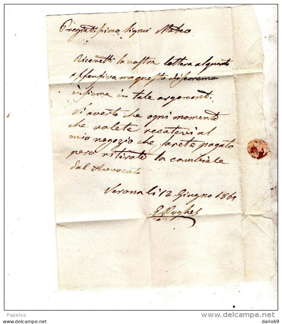 1869  LETTERA  CON ANNULLO VERONA - Storia Postale