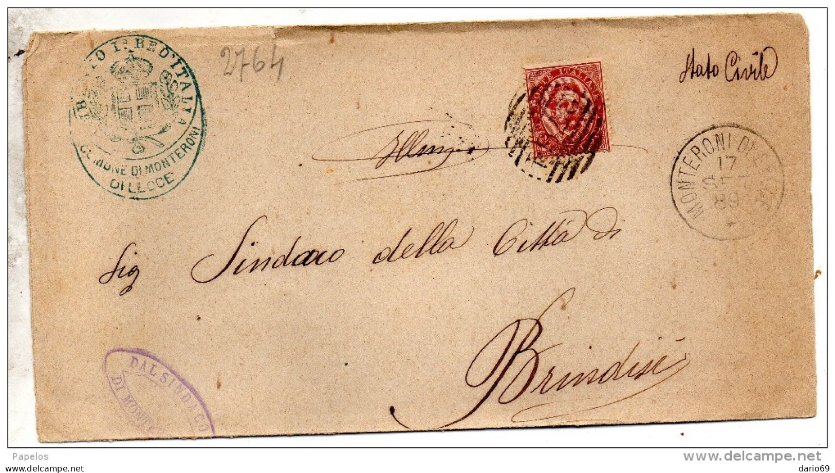 1889  LETTERA CON ANNULLO Numerale Monteroni Di Lecce - Marcophilie