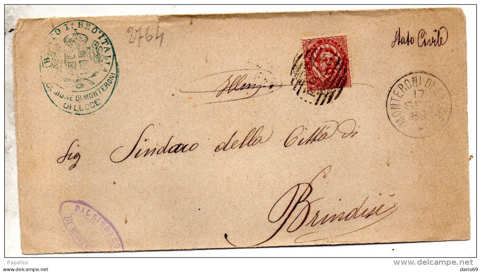 1889  LETTERA CON ANNULLO Numerale Monteroni Di Lecce - Storia Postale