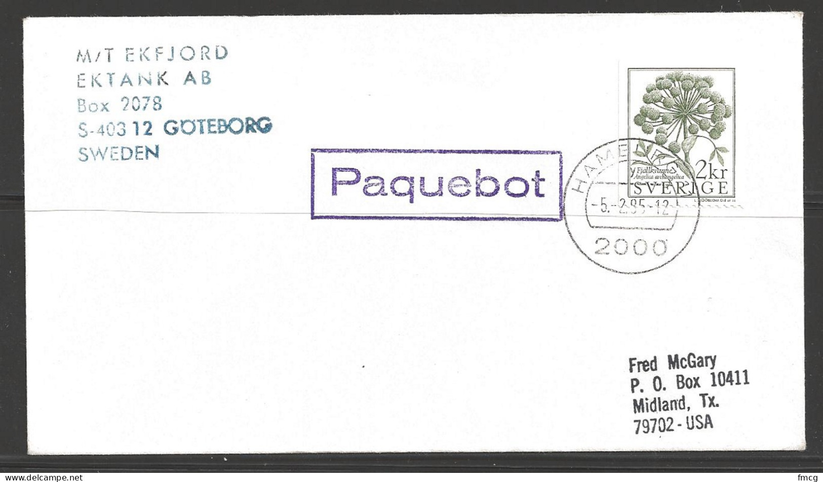 1985 Paquebot Cover, Sweden Stamp Used In Hamburg, Germany - Brieven En Documenten