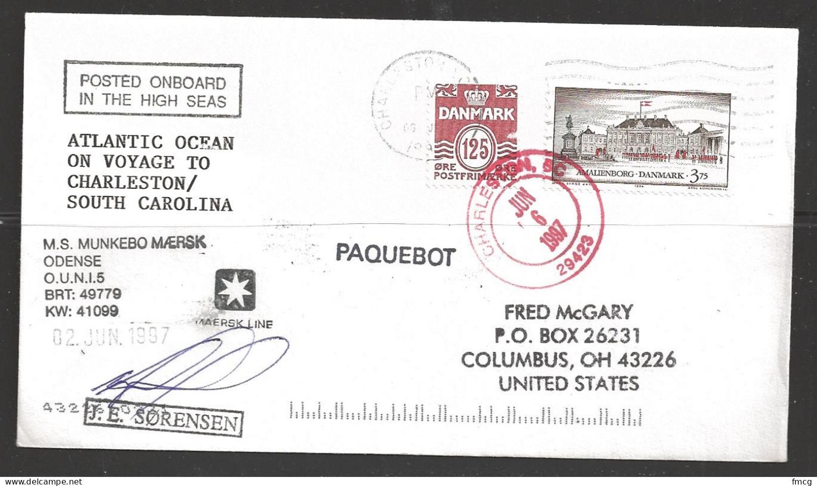 1997 Paquebot Cover, Denmark Stamps Mailed In Charleston South Carolina - Cartas & Documentos
