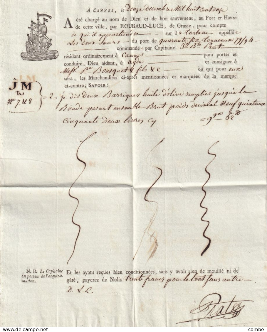 LETTRE. CONNAISSEMENT. 12 DEC 1811. CANNES. AU HAVRE PAR ROUBAUD-LUCE DE GRASSE. BAT. LA TARTANE. CAPIT. PRAT - Historische Dokumente