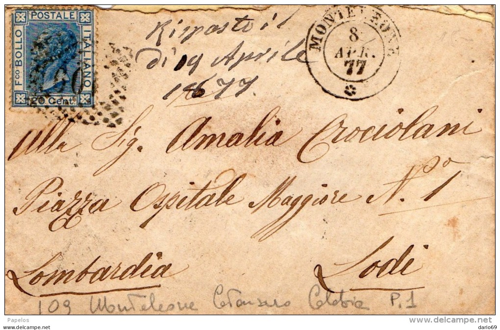 1877  LETTERA CON ANNULLO MONTELEONE VIBO - Marcophilie