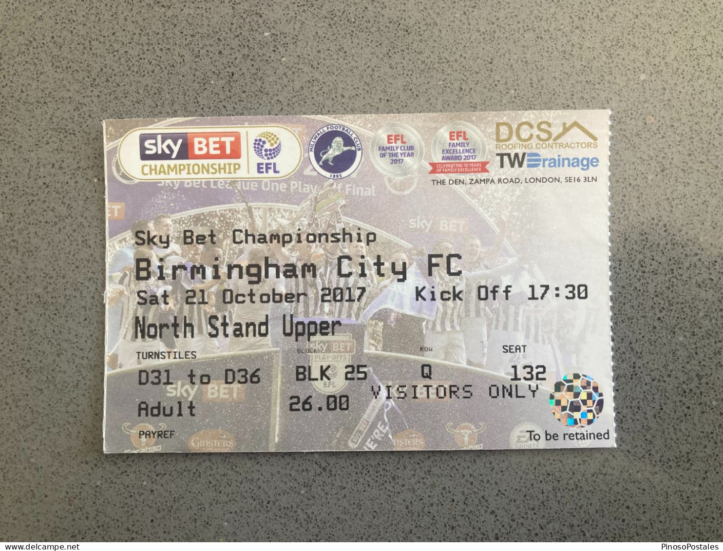 Millwall V Birmingham City 2017-18 Match Ticket - Eintrittskarten