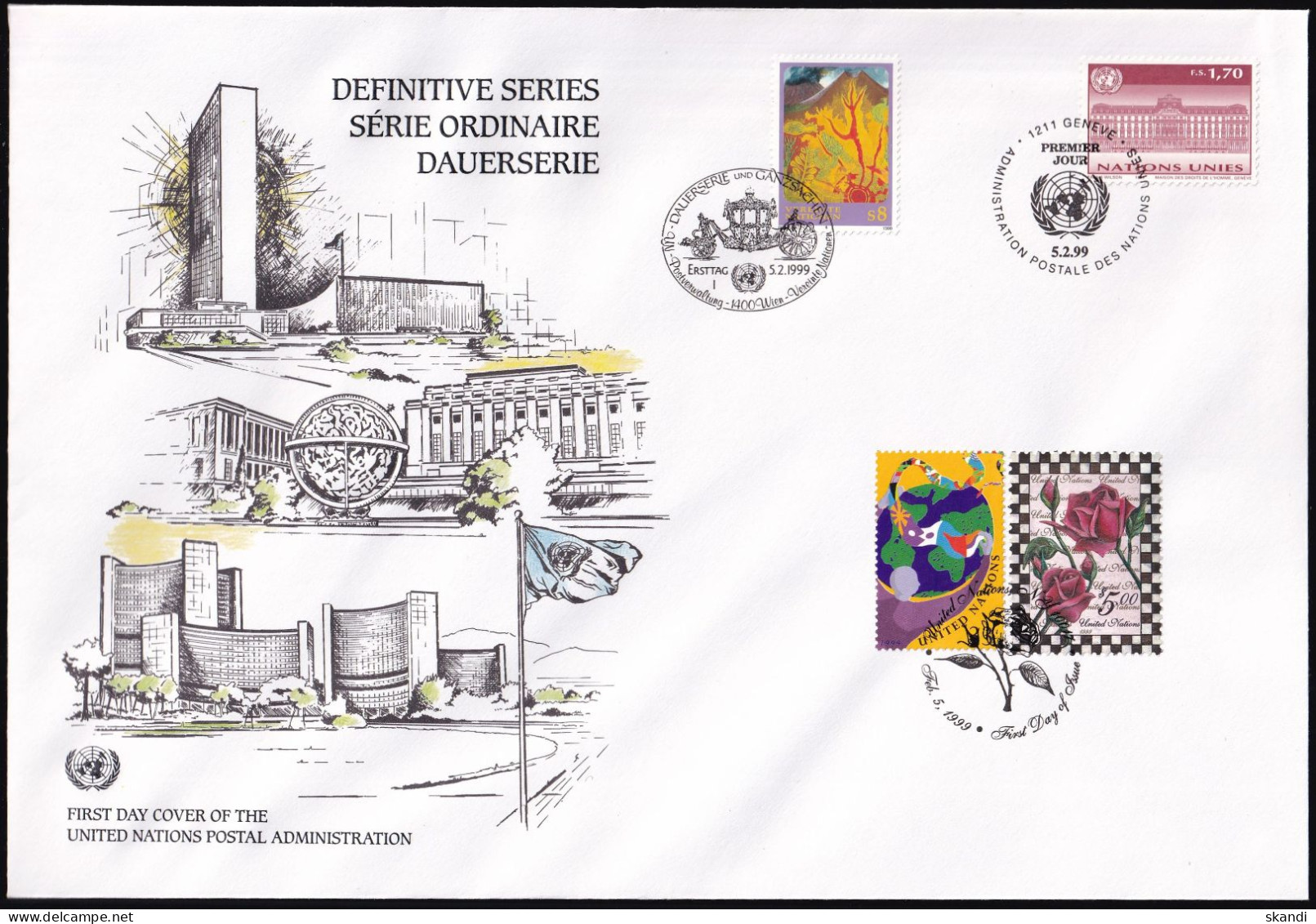 UNO NEW YORK - WIEN - GENF 1999 TRIO-FDC Dauerserie - Gemeinschaftsausgaben New York/Genf/Wien