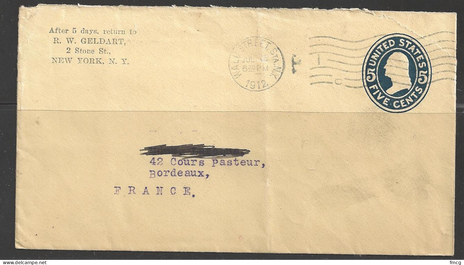 1912 Wall Street NY (Jul 16) To Bordeaux, France - Lettres & Documents