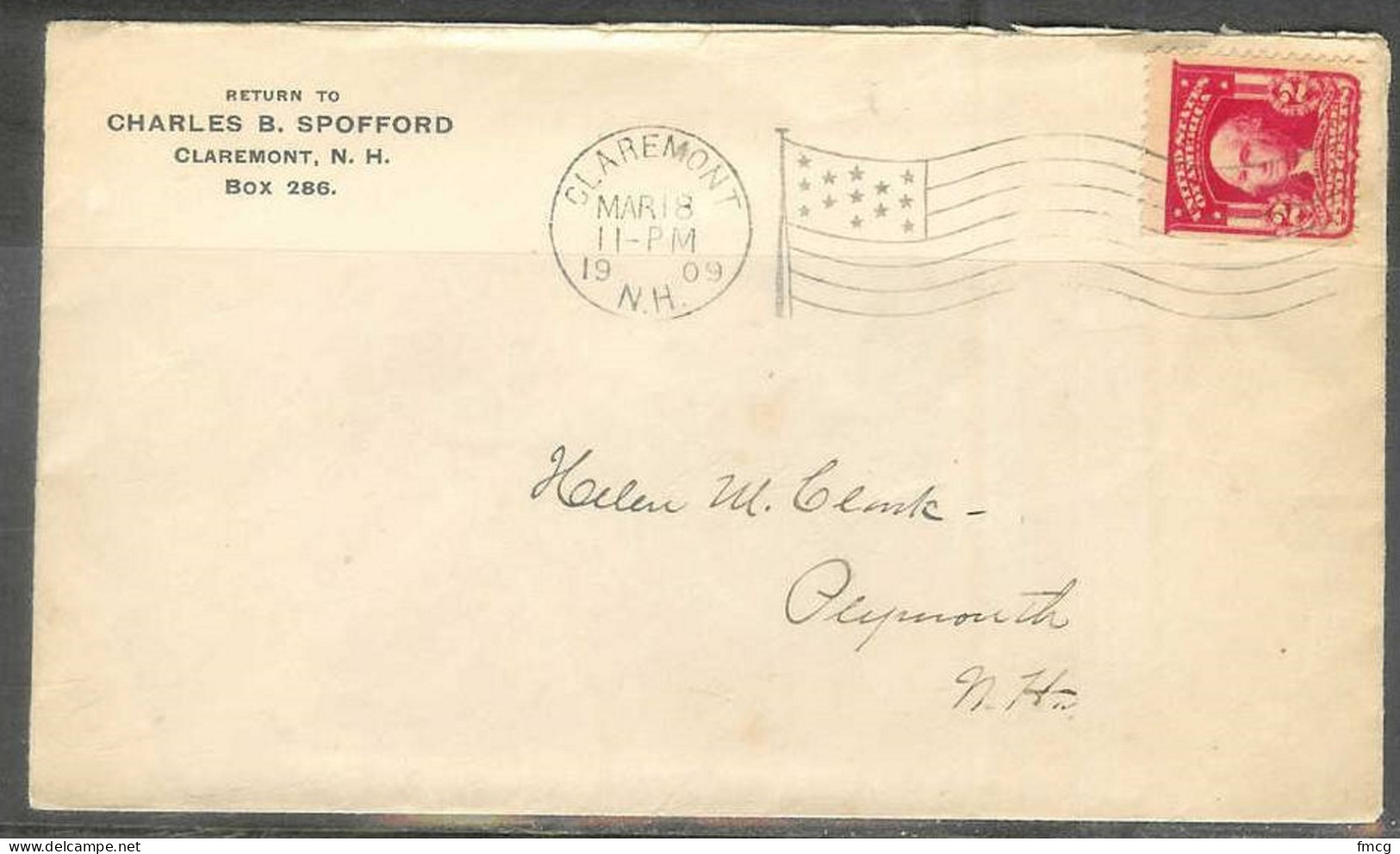 1909 Claremont NH (Mar 18) Flag Cancel Corner Card - Storia Postale