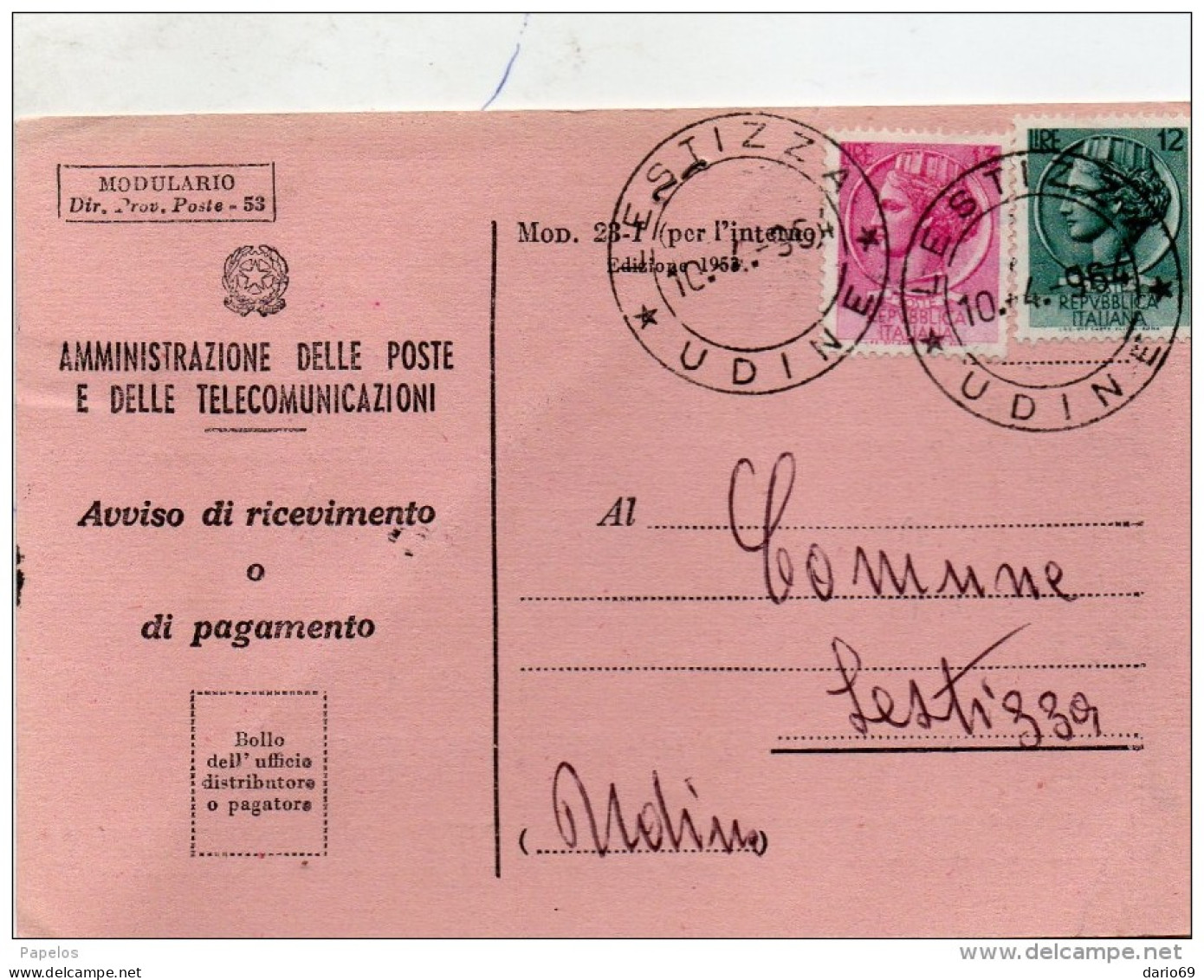 1964 RICEVUTA DI RITORNO CON ANNULLO LESTIZZA UDINE - 1961-70: Poststempel