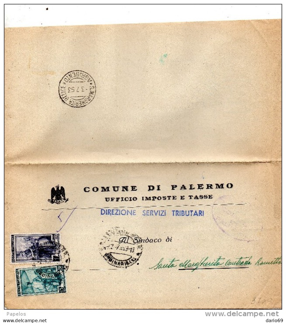 1953 LETTERA CON ANNULLO PALERMO + S.MARGHERITA BELICE  AGRIGENTO - 1946-60: Marcofilie