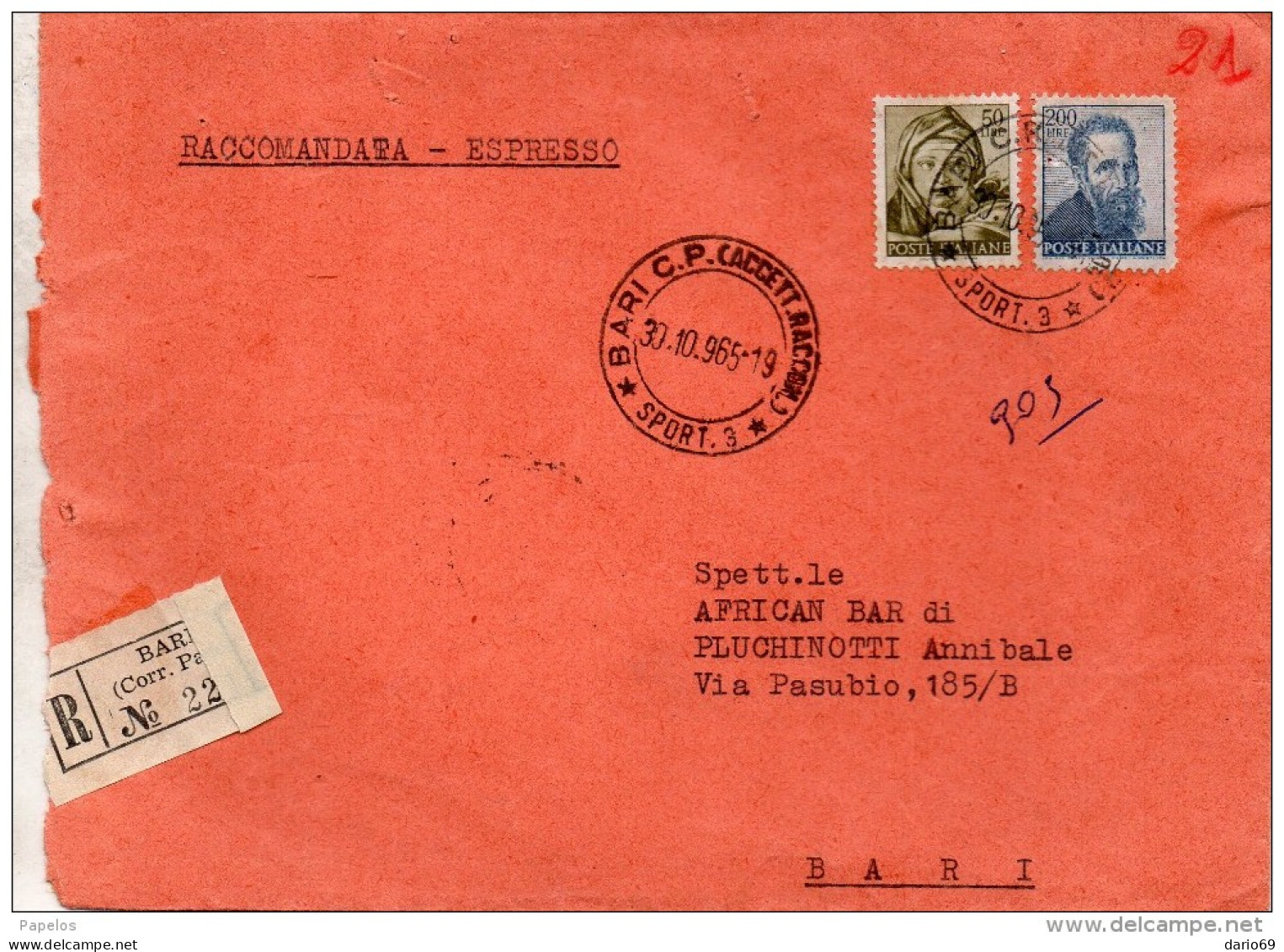 1965 LETTERA RACCOMANDATA CON ANNULLO BARI - 1961-70: Marcophilia