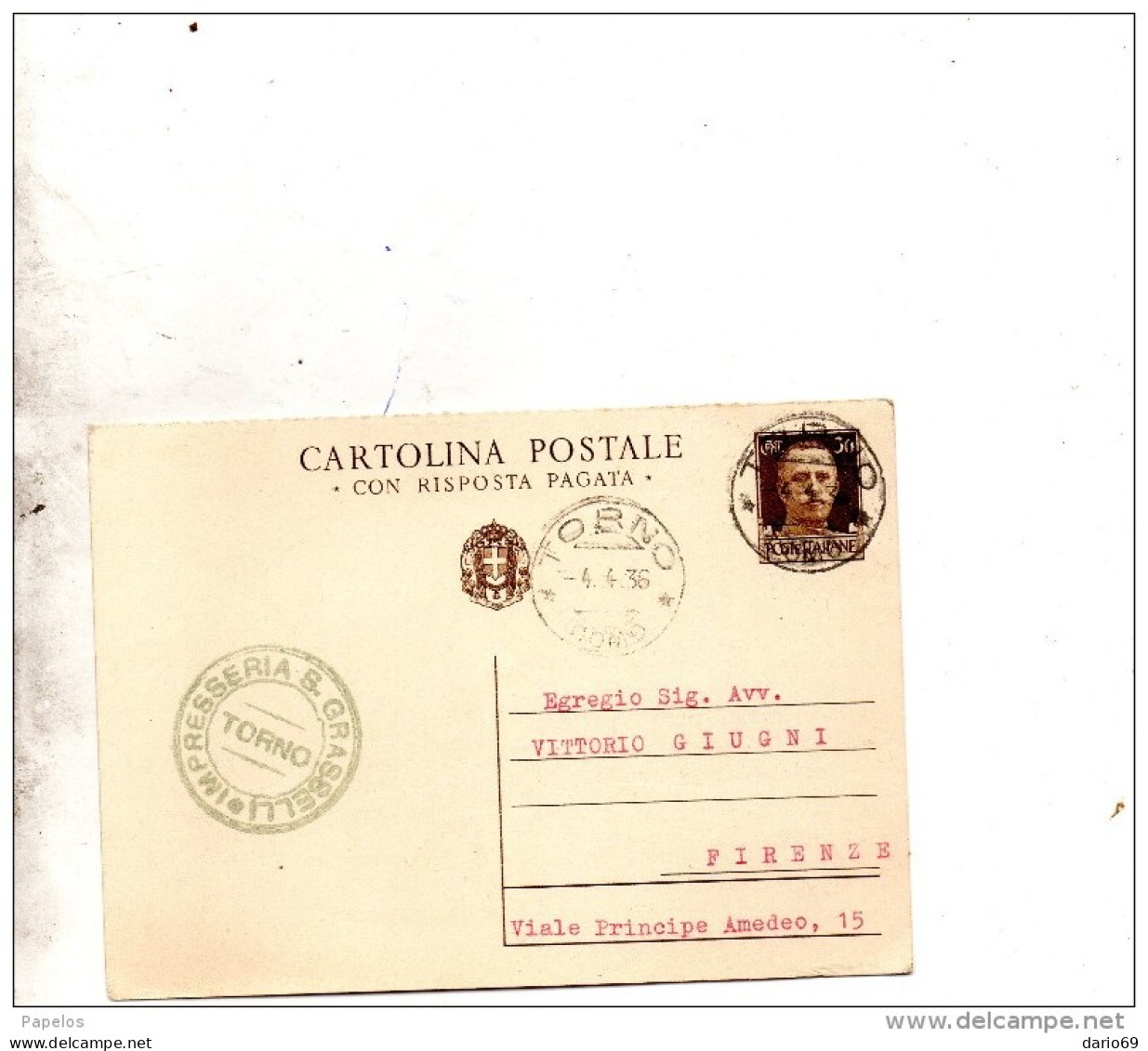 1936 CARTOLINA  CON ANNULLO TORINO - Entero Postal