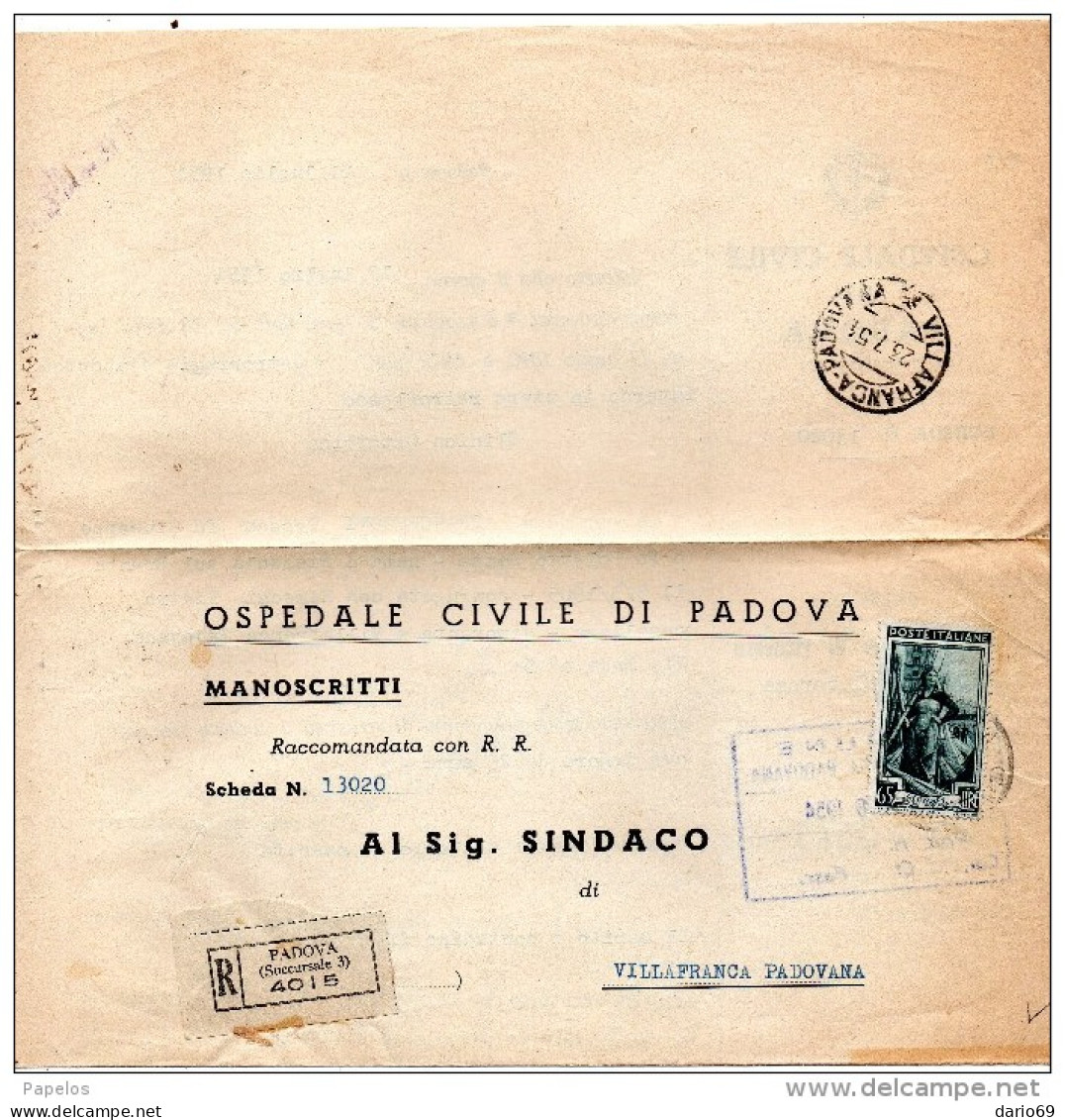 1951 LETTERA RACCOMANDATA CON ANNULLO PADOVA SUCCURSALE 3 +  VILLAFRANCA - 1946-60: Marcophilia