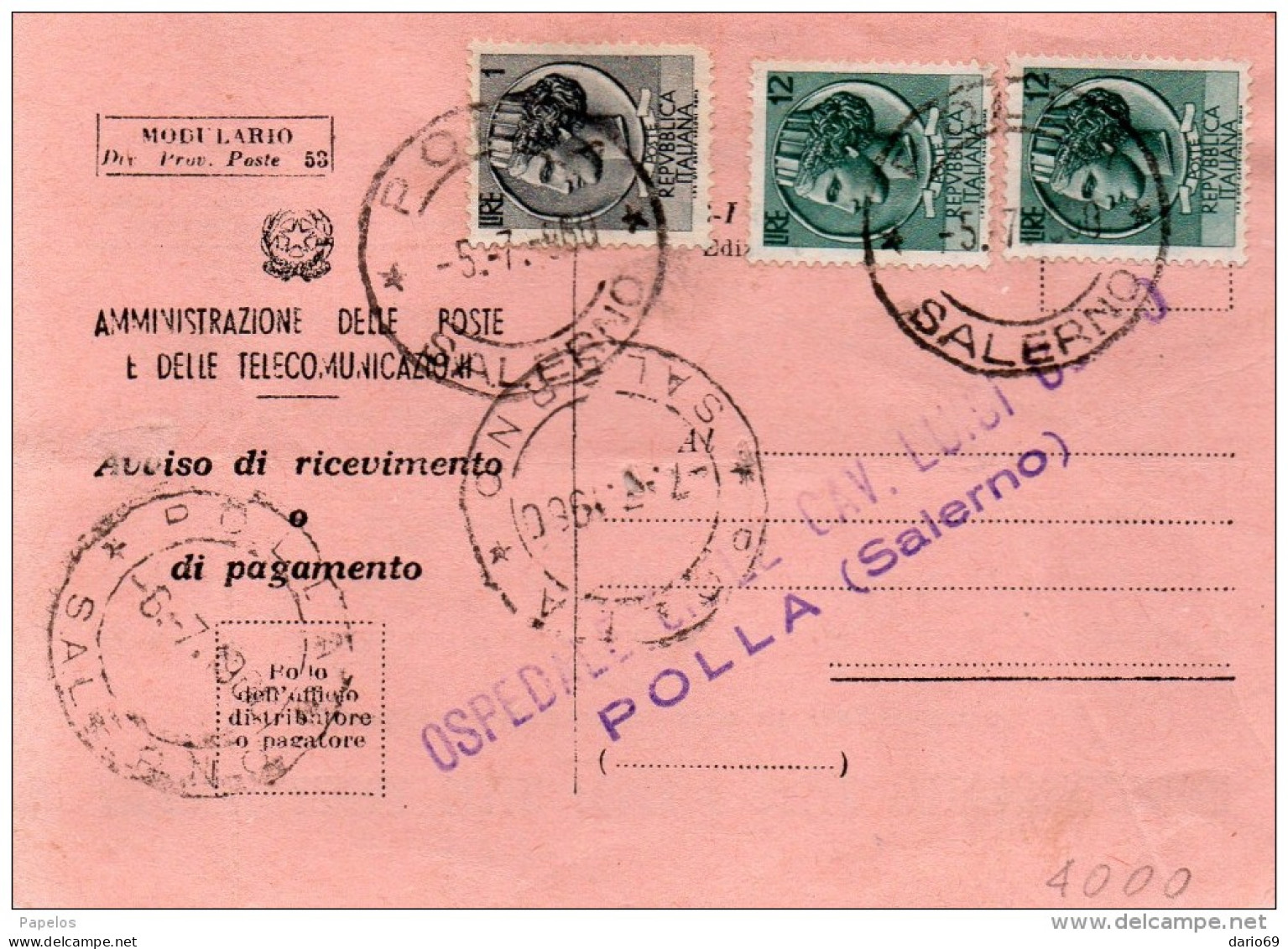 1960 CARTOLINA  CON ANNULLO POLLA SALERNO - 1946-60: Storia Postale