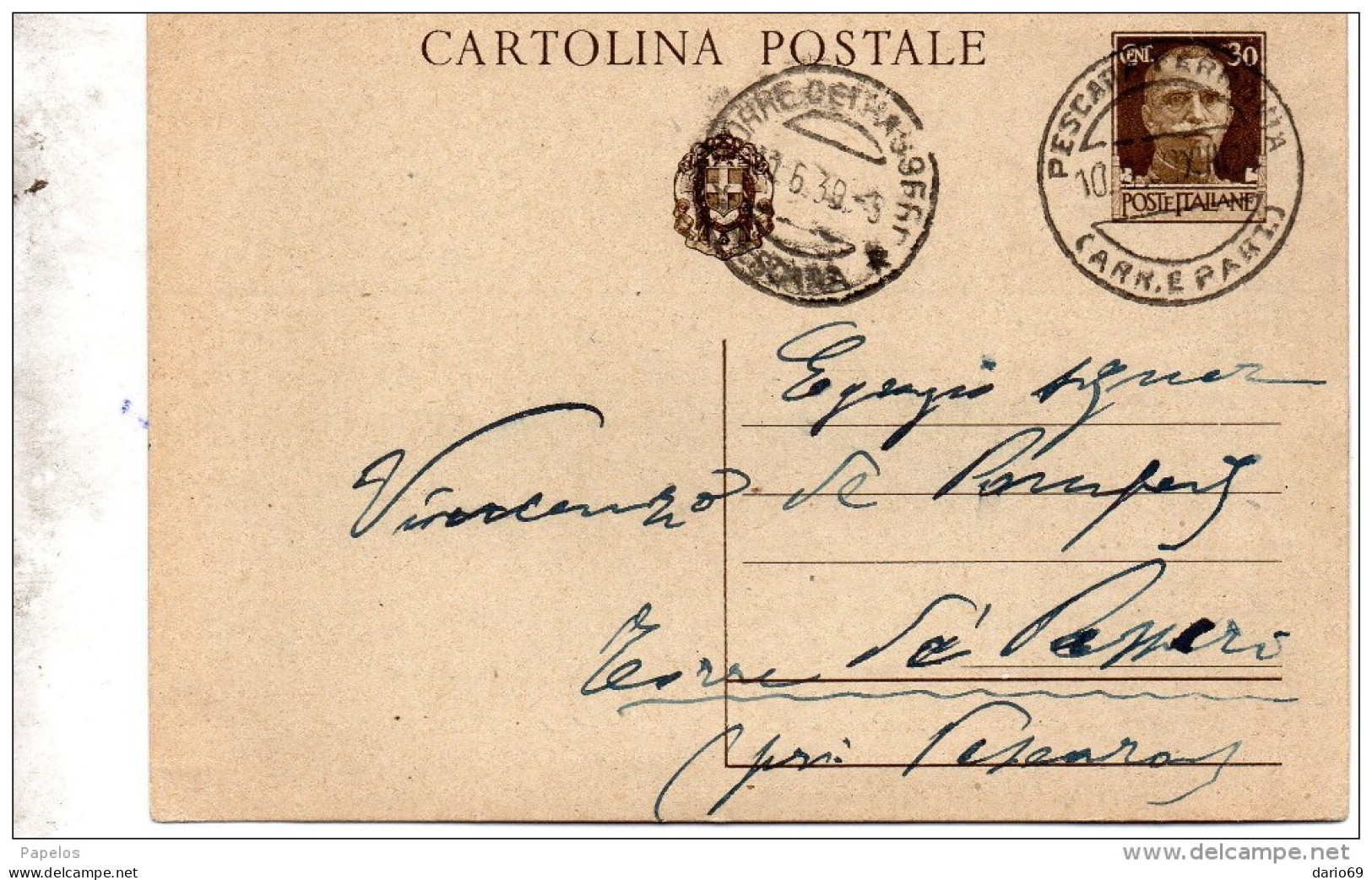1939 CARTOLINA  CON ANNULLO PESCARA + TORRE DEI PASSERI - Postwaardestukken