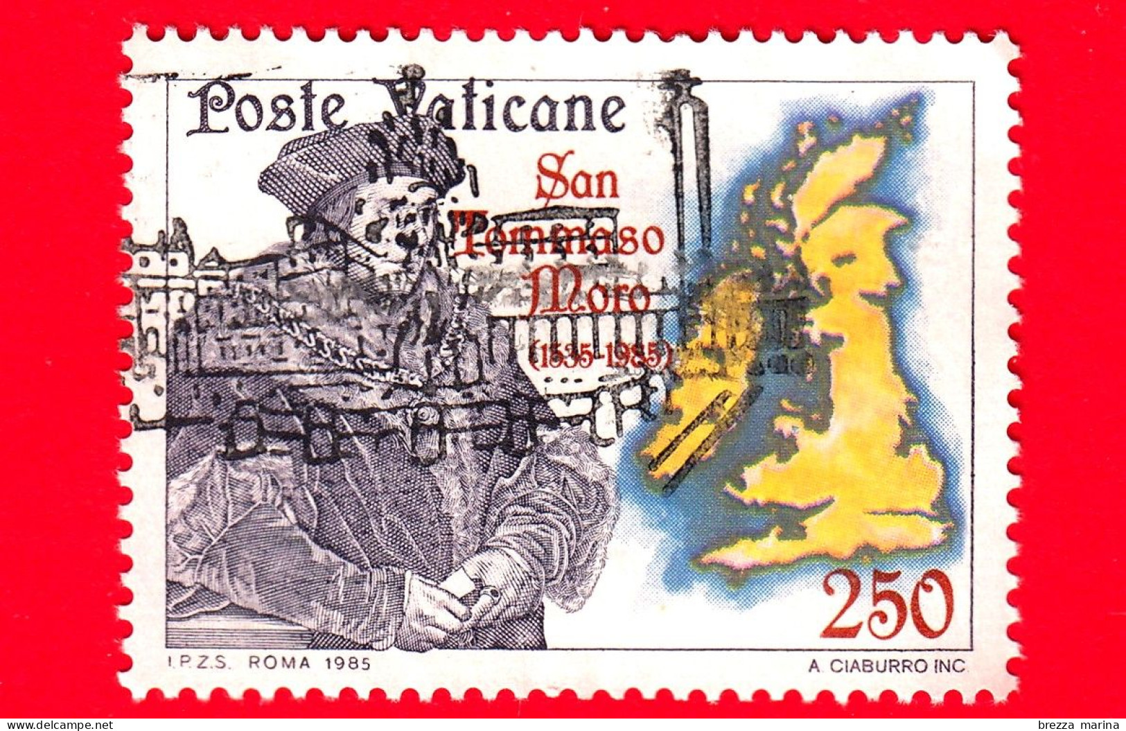 VATICANO - Usato - 1985 - 450º Anniversario Della Morte Di San Tommaso Moro - Carta Della Gran Bretagna - 250 L. - Oblitérés