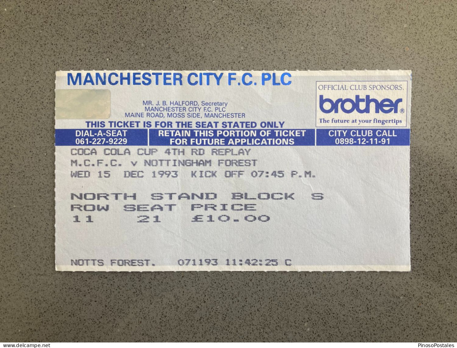 Manchester City V Nottingham Forest 1993-94 Match Ticket - Biglietti D'ingresso