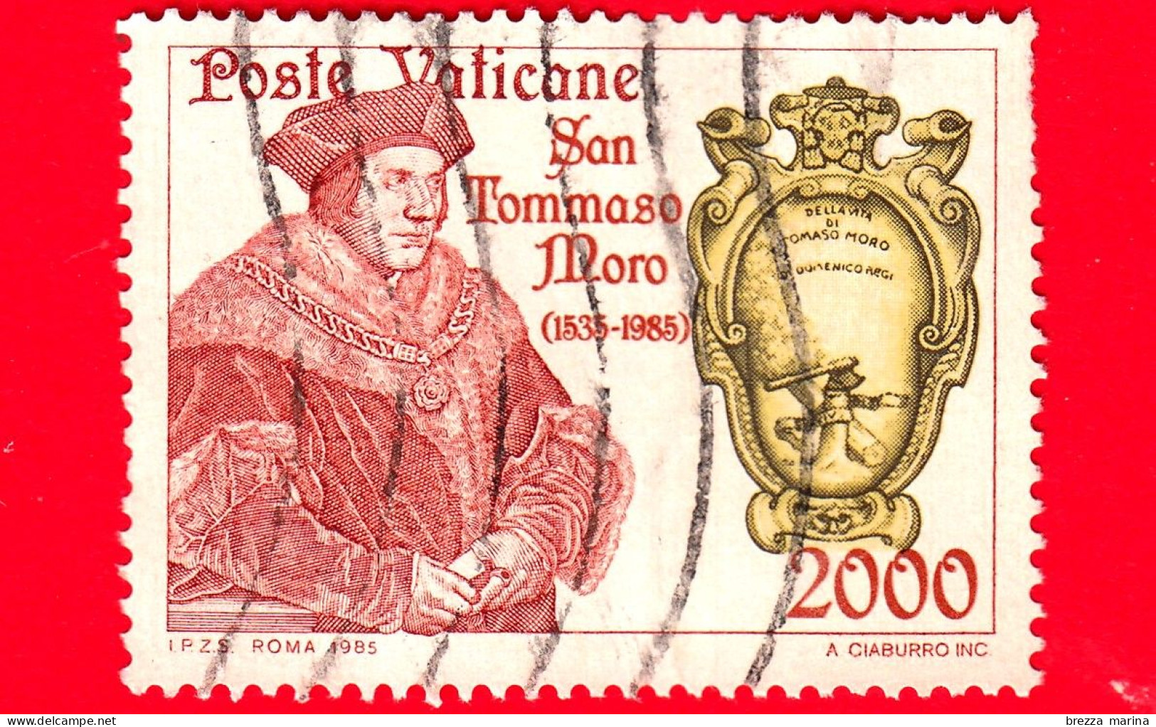 VATICANO  - Usato - 1985 - 450º Anniversario Della Morte Di San Tommaso Moro  - Libro Di D. Regi - 2000 L. • - Used Stamps