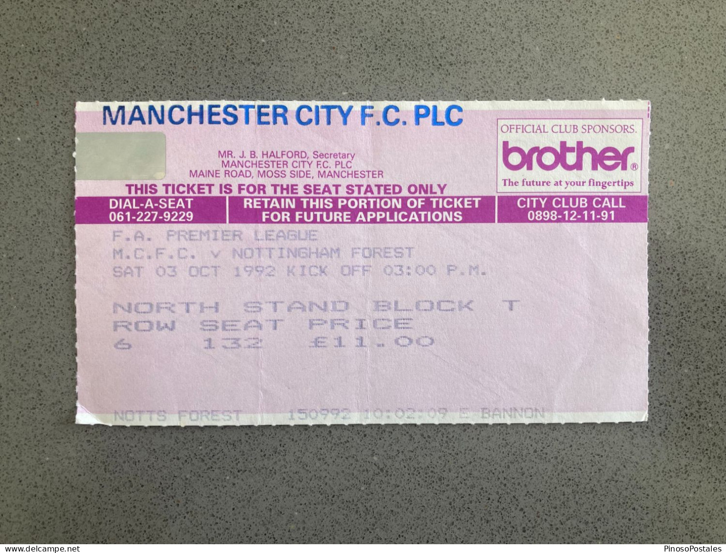 Manchester City V Nottingham Forest 1992-93 Match Ticket - Eintrittskarten