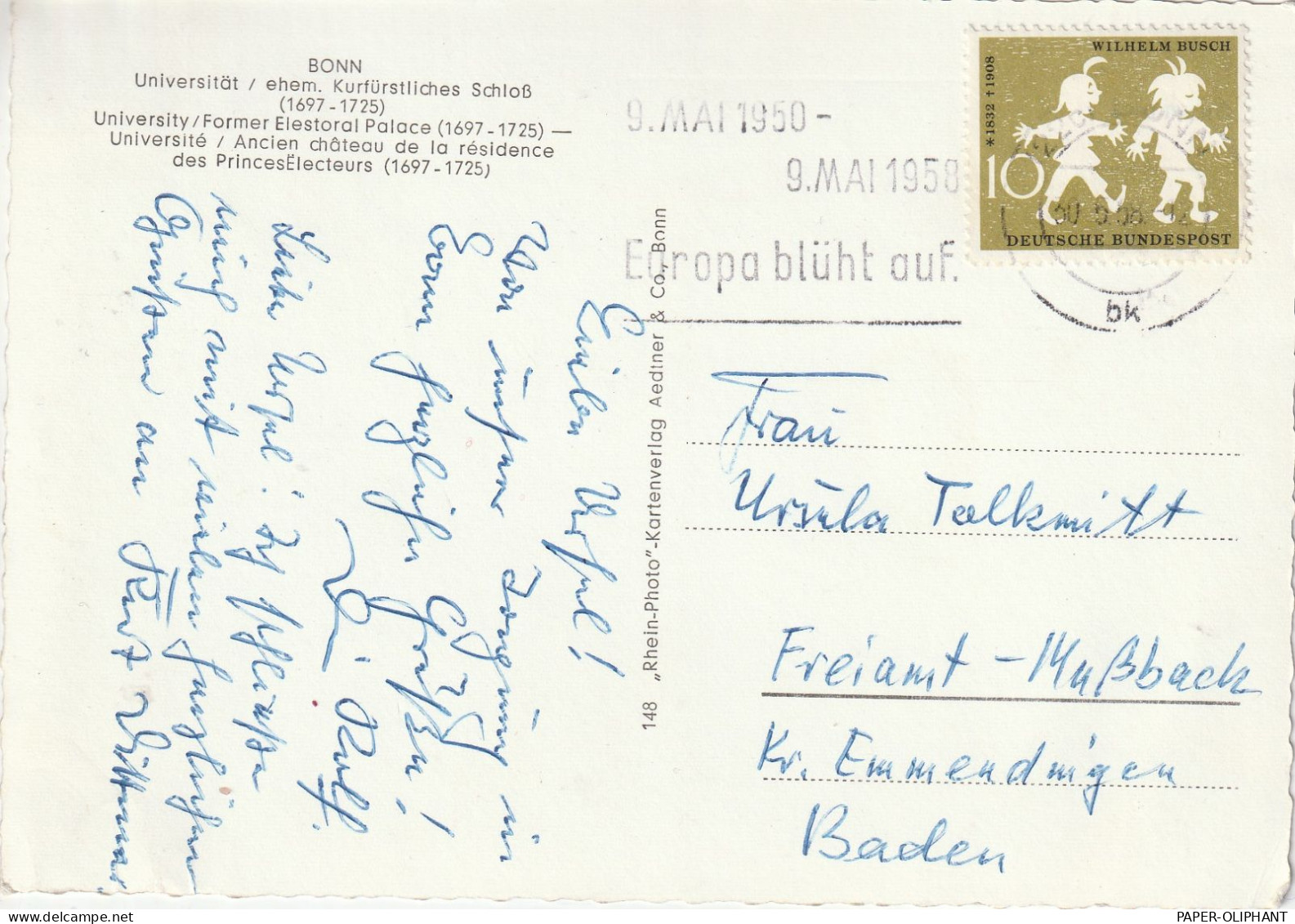 BUND - 1958, Michel 281, Wilhelm Busch, AK Einzelfrankatur - Storia Postale