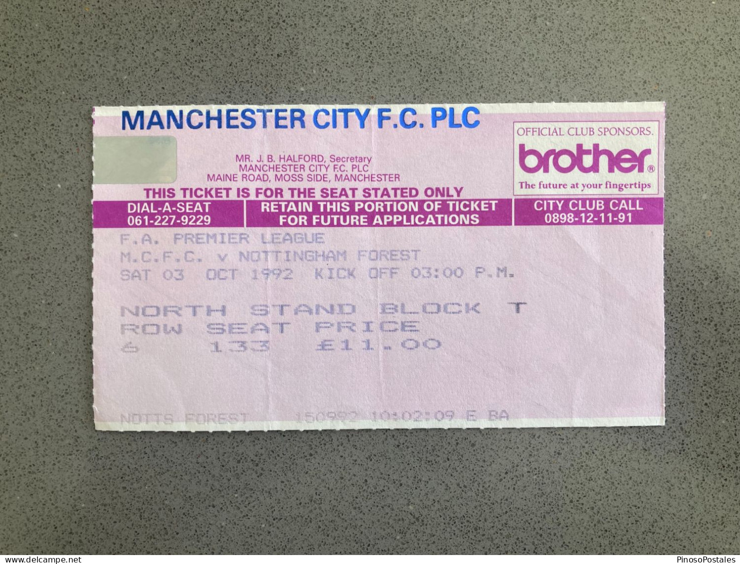 Manchester City V Nottingham Forest 1992-93 Match Ticket - Tickets & Toegangskaarten