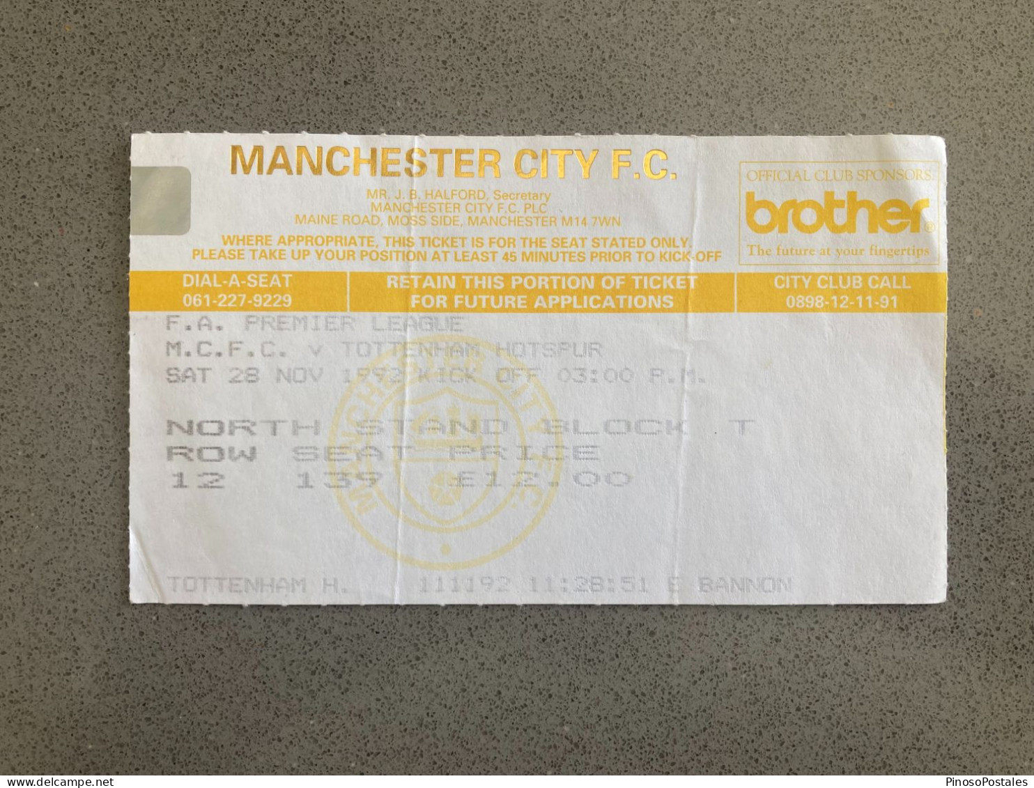 Manchester City V Tottenham Hotspur 1992-93 Match Ticket - Eintrittskarten
