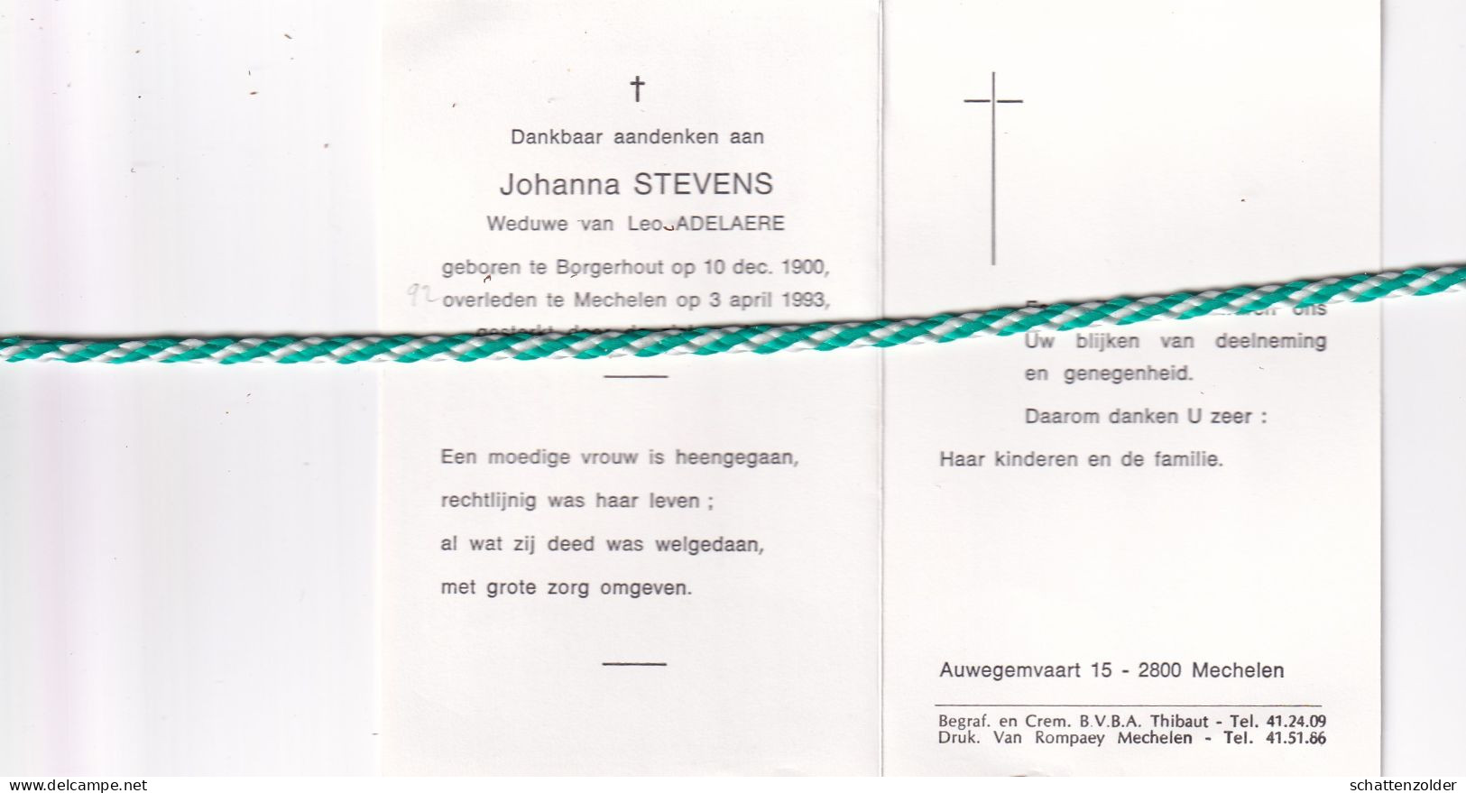 Johanna Stevens-Adelaere, Borgerhout 1900, Mechelen 1993 - Décès