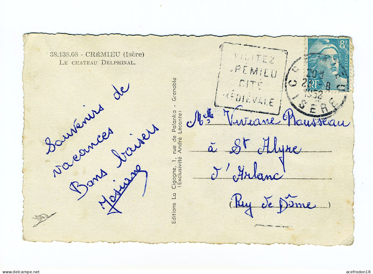 Cpsm Crémieu --> Saint-Alyre-d'Arlanc - Flamme Daguin - Tb 8f Type Gandon - 1952 - Usados