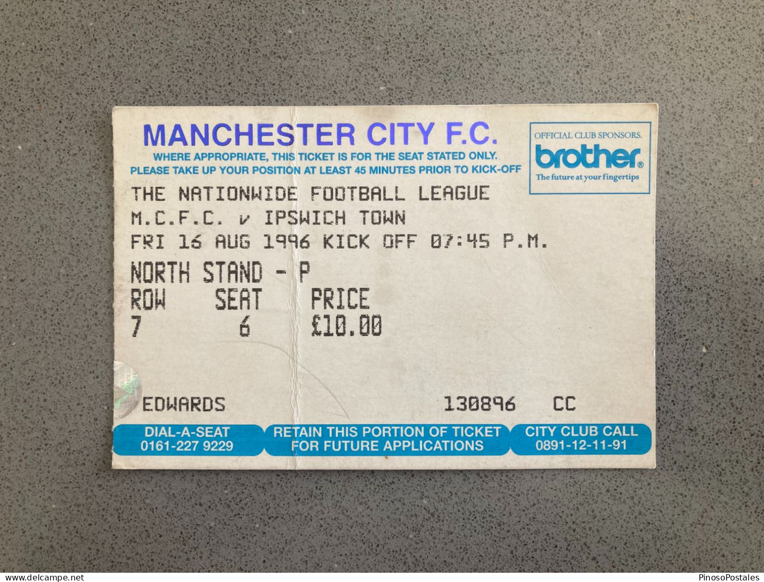 Manchester City V Ipswich Town 1996-97 Match Ticket - Biglietti D'ingresso