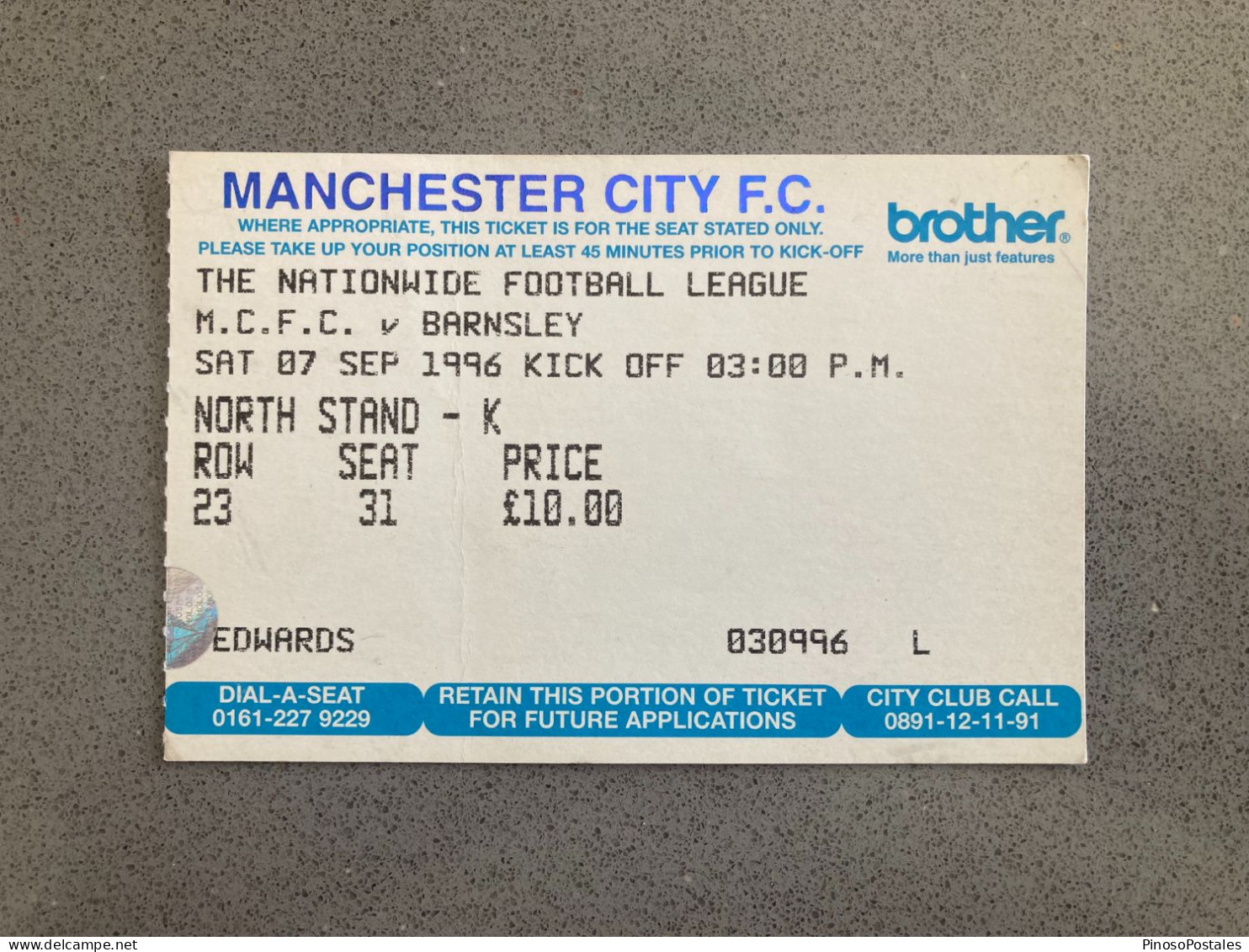 Manchester City V Barnsley 1996-97 Match Ticket - Tickets D'entrée