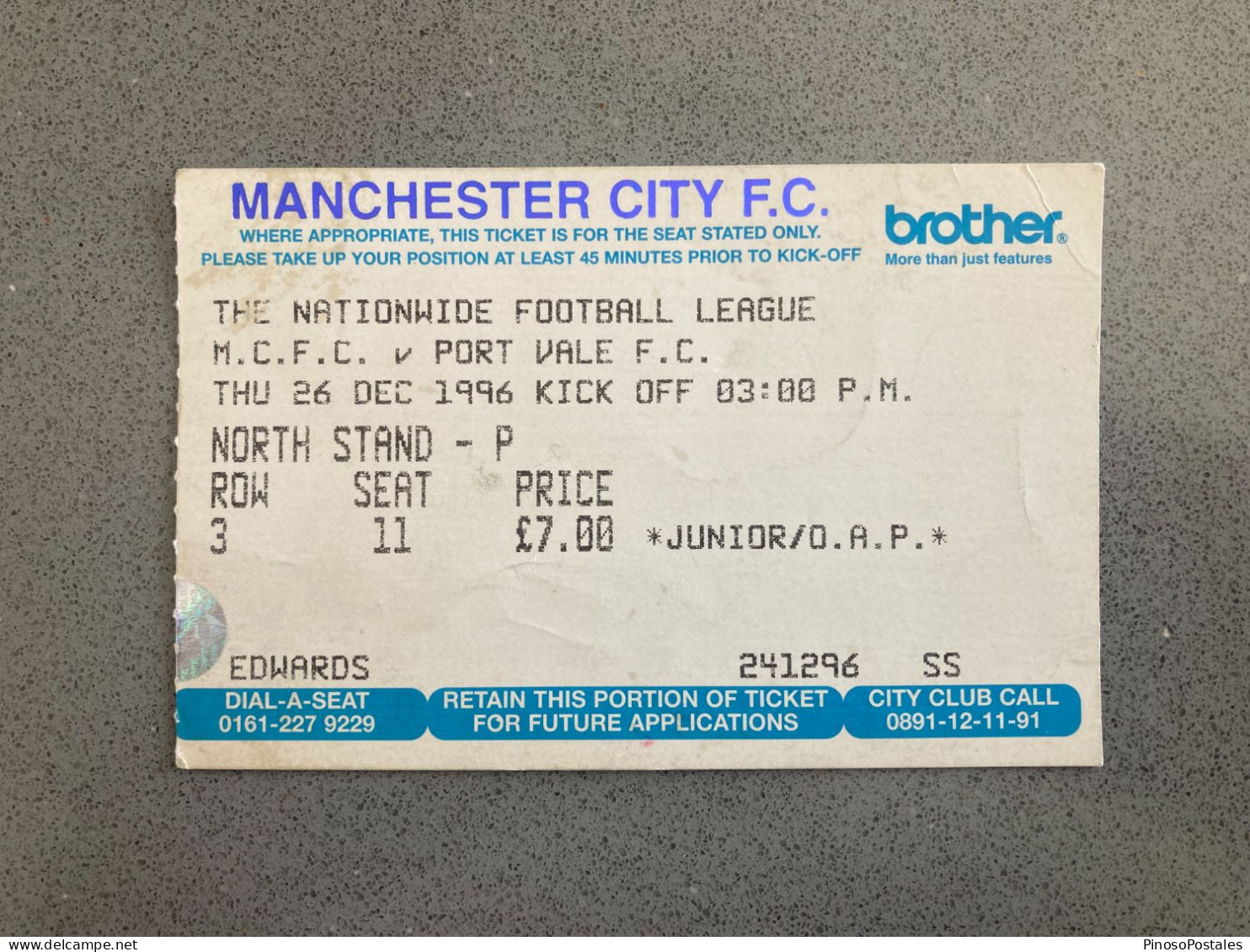 Manchester City V Port Vale 1996-97 Match Ticket - Eintrittskarten