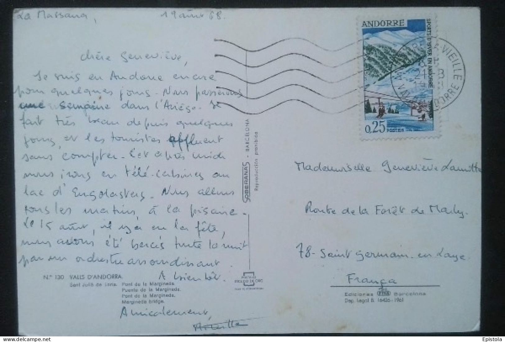 ► ANDORRA 1966--tp 0.25 "Sports D'hiver En Andorre Seul Sur CP 1968 -cachet Andorra La Vella - Lettres & Documents