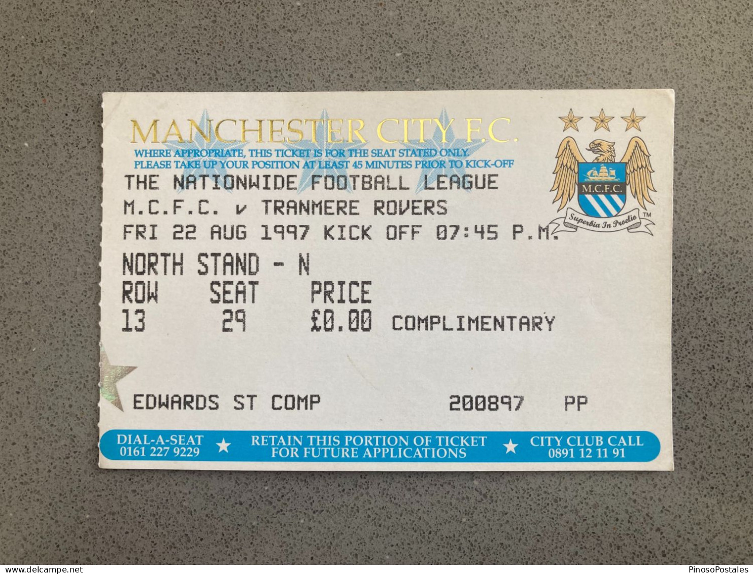 Manchester City V Tranmere Rovers 1997-98 Match Ticket - Biglietti D'ingresso