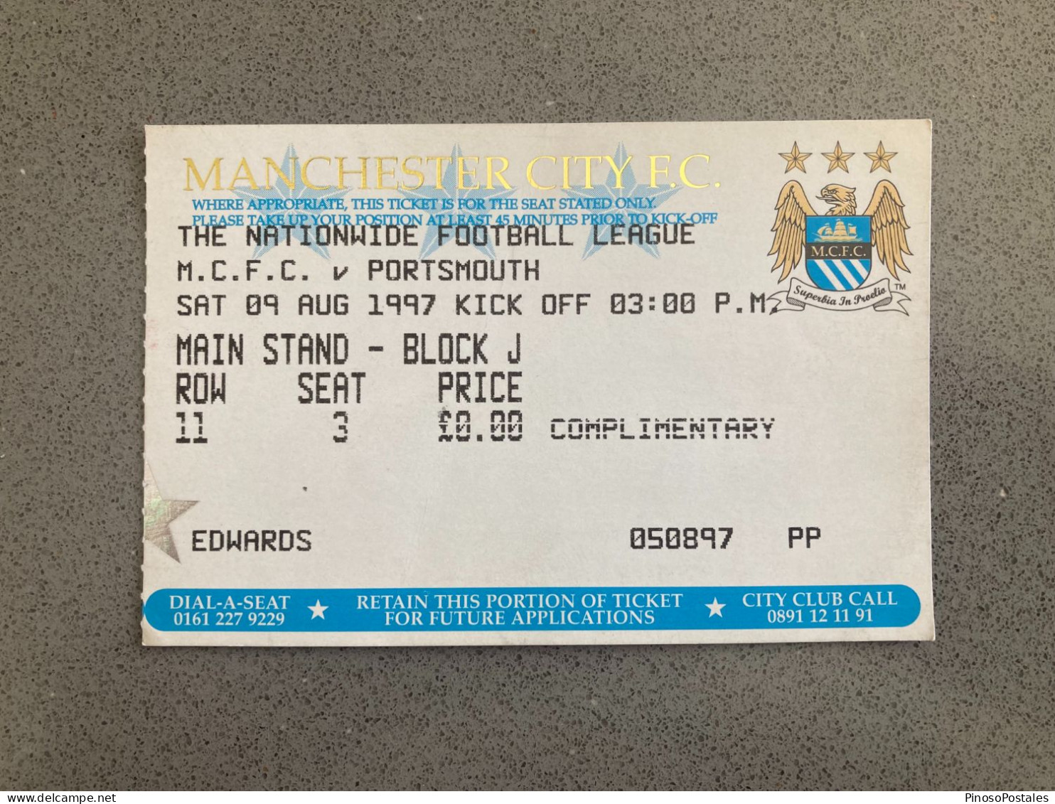 Manchester City V Portsmouth 1997-98 Match Ticket - Tickets - Entradas