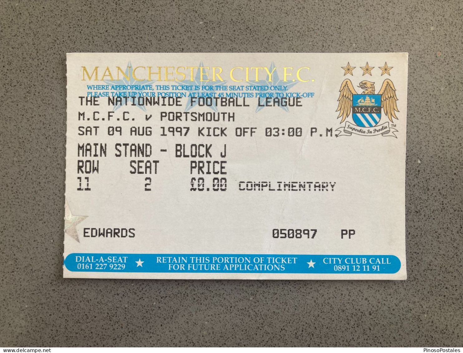 Manchester City V Portsmouth 1997-98 Match Ticket - Tickets D'entrée