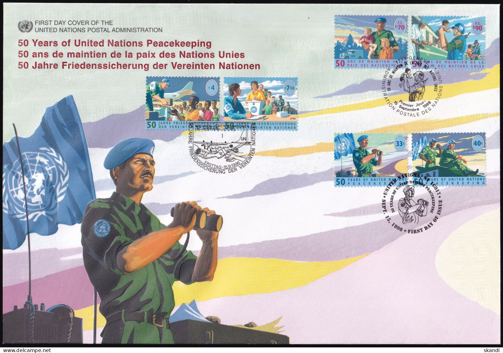 UNO NEW YORK - WIEN - GENF 1998 TRIO-FDC 50 Jahre Friedenssicherung - Gemeinschaftsausgaben New York/Genf/Wien