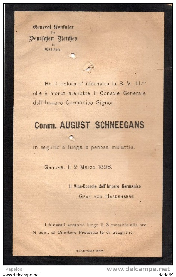 1898  MORTE DEL CONSOLE DELL' IMPERO GERMANICO - Historical Documents