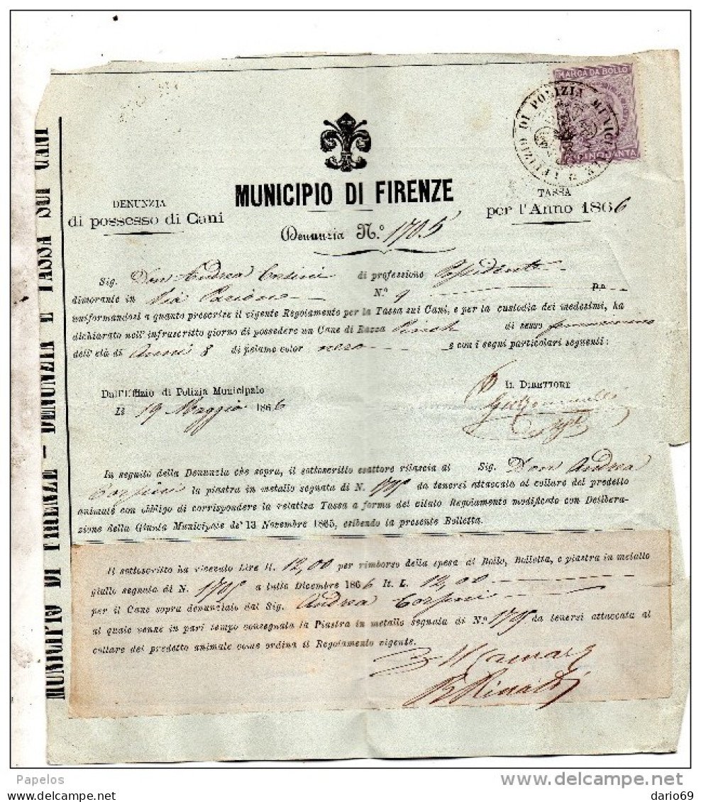 1866 FIRENZE - TASSA SUI CANI + MARCA DA BOLLO - Documents Historiques