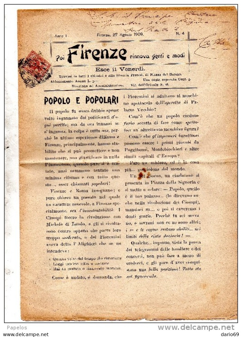 1909 GIORNALE FIRENZE - Marcofilía