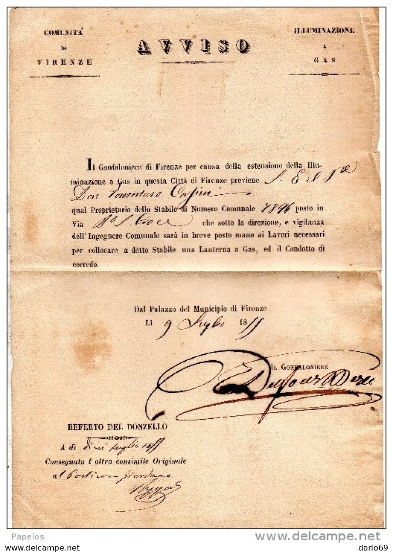 1855 FIRENZE ILLUMINAZIONE A GAS - Historical Documents