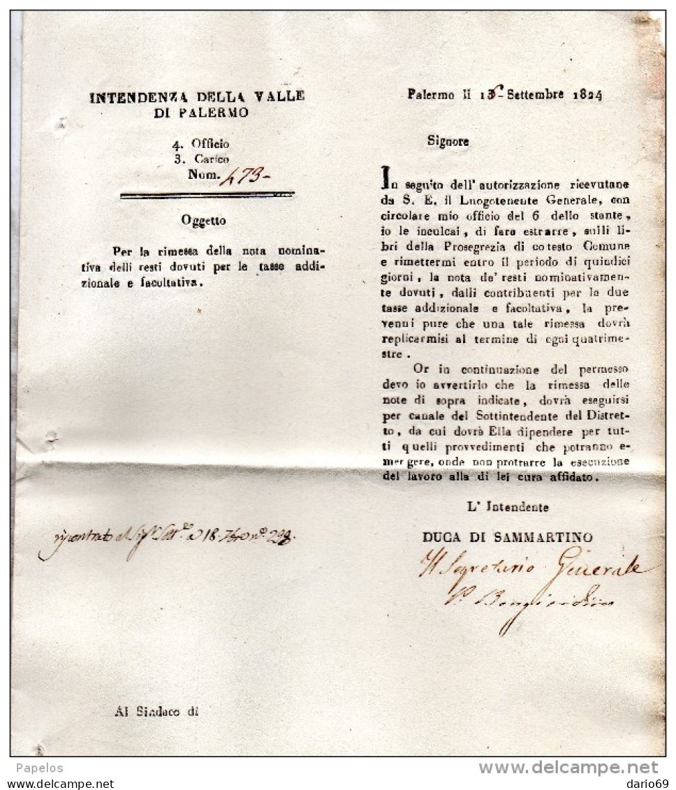 1824 INTENDENZA DELLA VALLE DI PALERMO - Documents Historiques