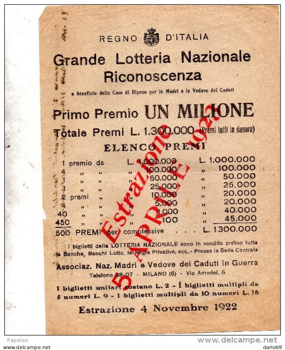 1922 LOTTERIA NAZIONALE - Billets De Loterie