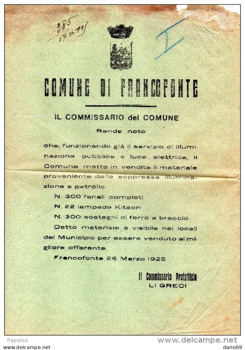 1925 COMUNE DI FRANCOFORTE - Documentos Históricos