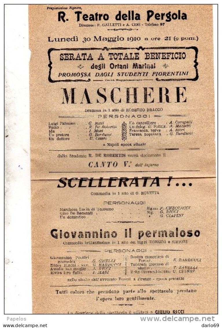 1910 PROGRAMMA TEATRO DELLA PERGOLA FIRENZE - Documentos Históricos