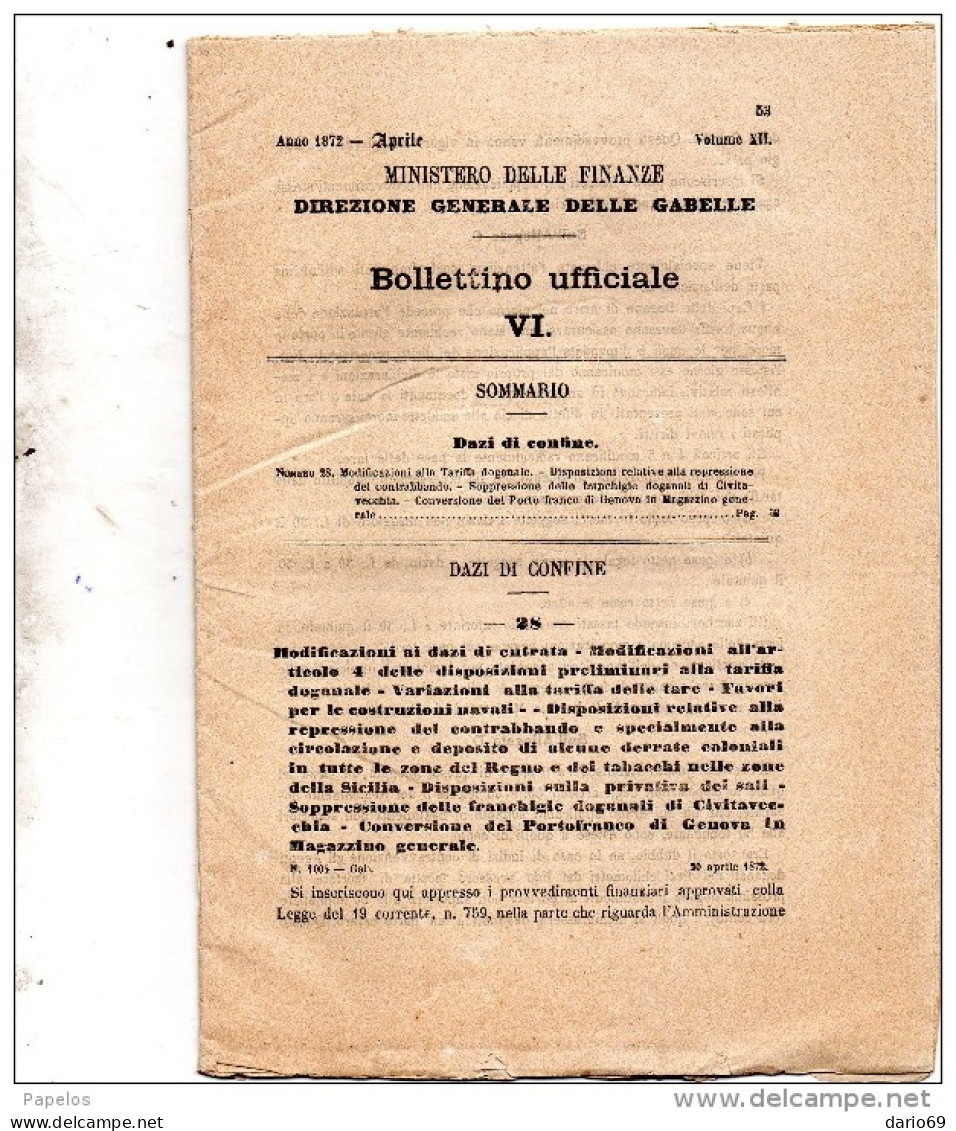 1872 BOLLETTINO  MINISTERO DELLE FINANZE - Gesetze & Erlasse