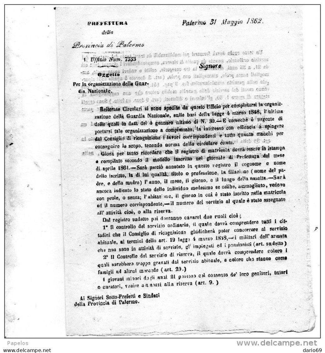 1862 PALERMO -  GUARDIA NAZIONALE - Historical Documents