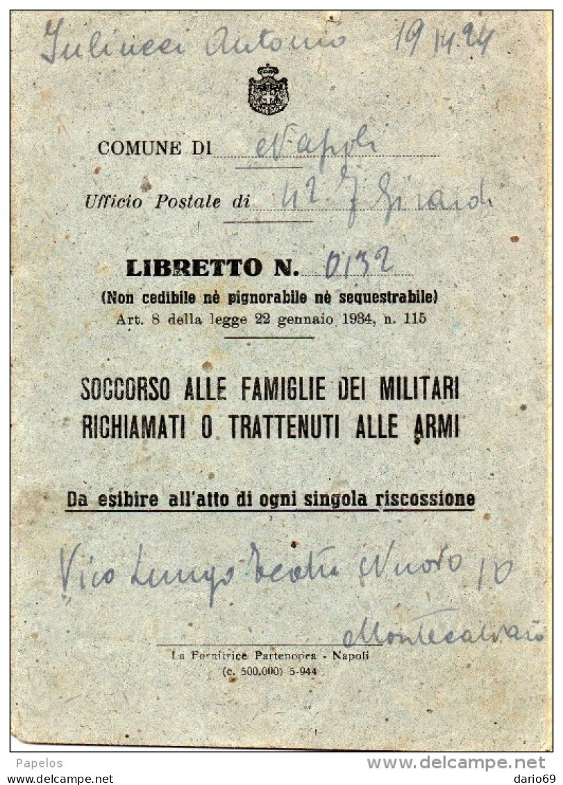 1944 LIBRETTO PER IL SOCCORSO ALLE FAMIGLIE DEI MILITARI - Historische Dokumente