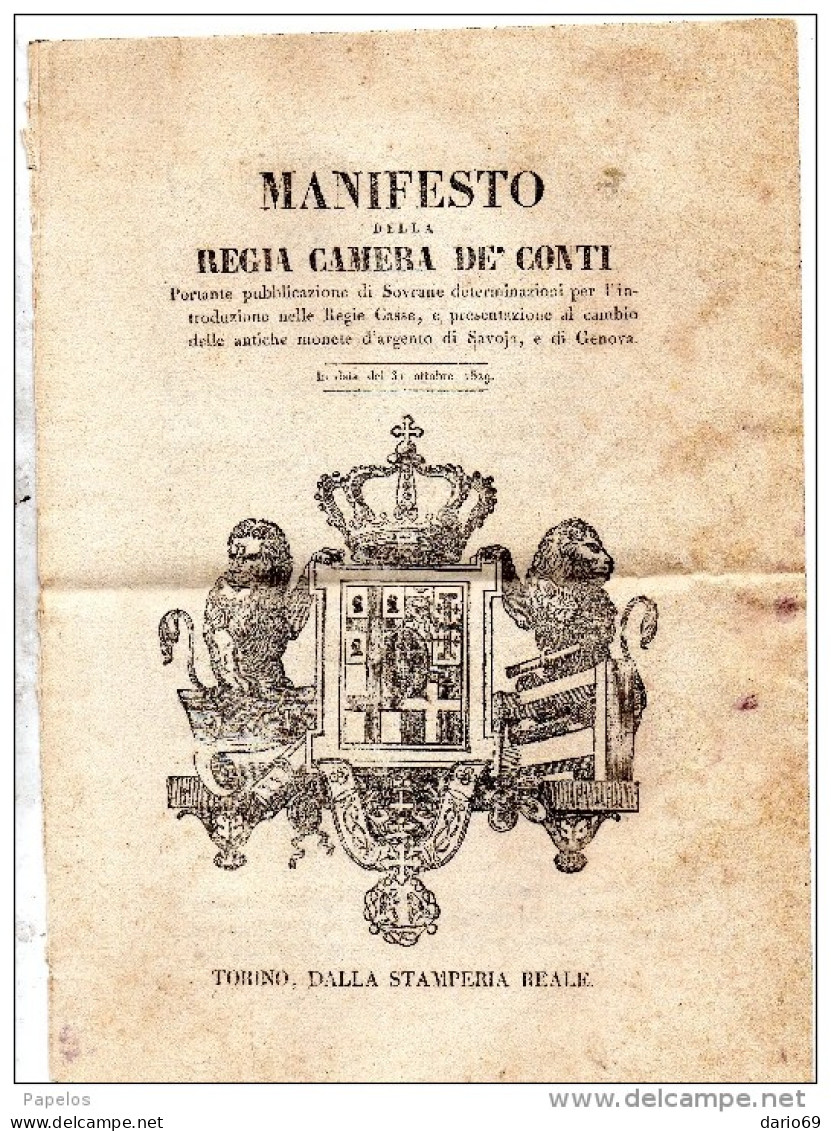 1829 MANIFESTO DELLA CAMERA DEI CONTI - PRESENTAZIONE AL CAMBIO DELLE ANTICHE  MONETE D'ARGENTO DI SAVOIA E DI GENOVA - Historische Dokumente