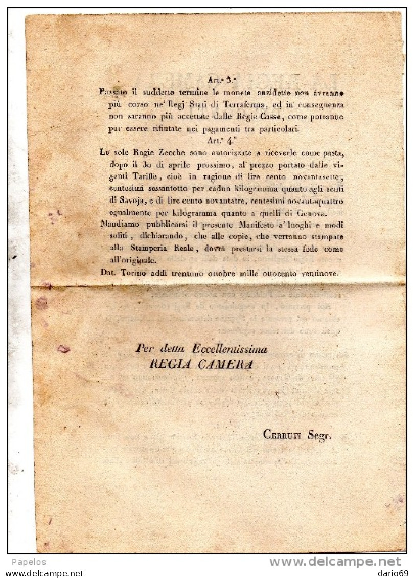 1829 MANIFESTO DELLA CAMERA DEI CONTI - PRESENTAZIONE AL CAMBIO DELLE ANTICHE  MONETE D'ARGENTO DI SAVOIA E DI GENOVA - Documentos Históricos