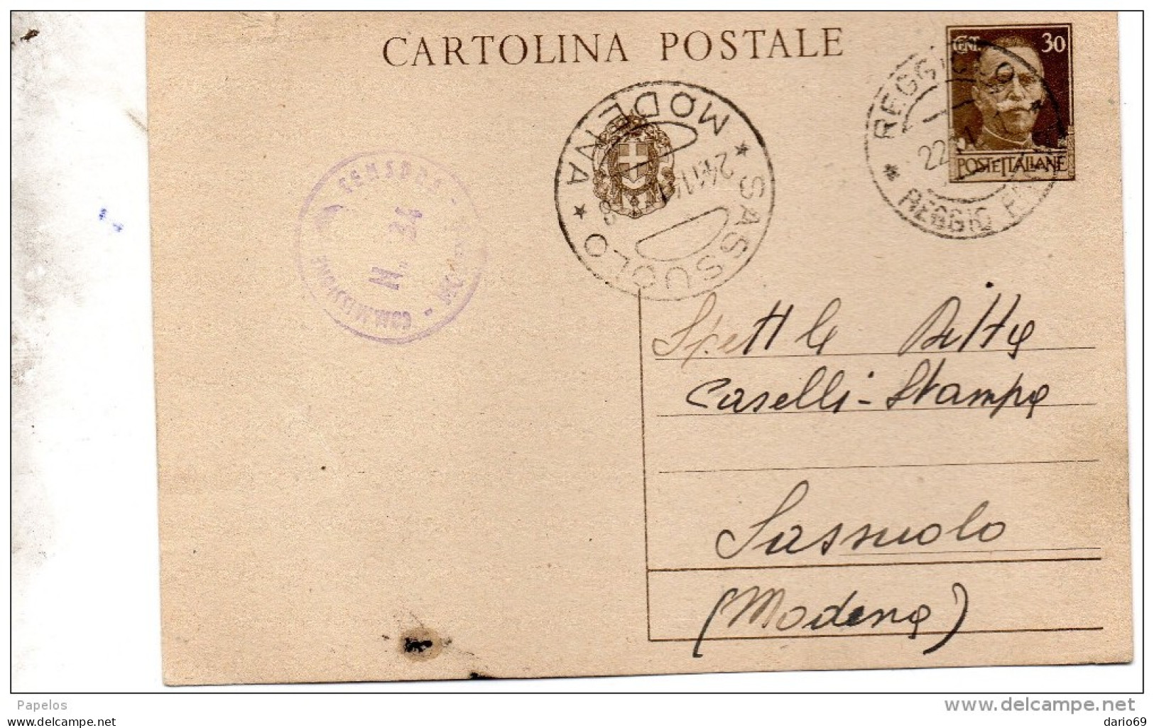 1941 CARTOLINA CON ANNULLO SASSUOLO MODENA   + CENSURA - Entero Postal