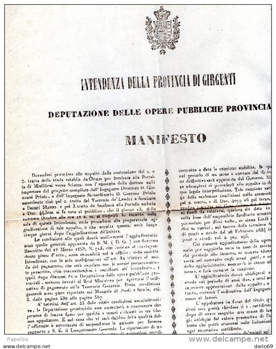 1853 GIRGENTI APPALTO PER LA COSTRUZIONE DEL 2.E 3. TRATTO DELLA STRADA ROTABILE DA CHIUSA PER SAMBUCA - Manifesti